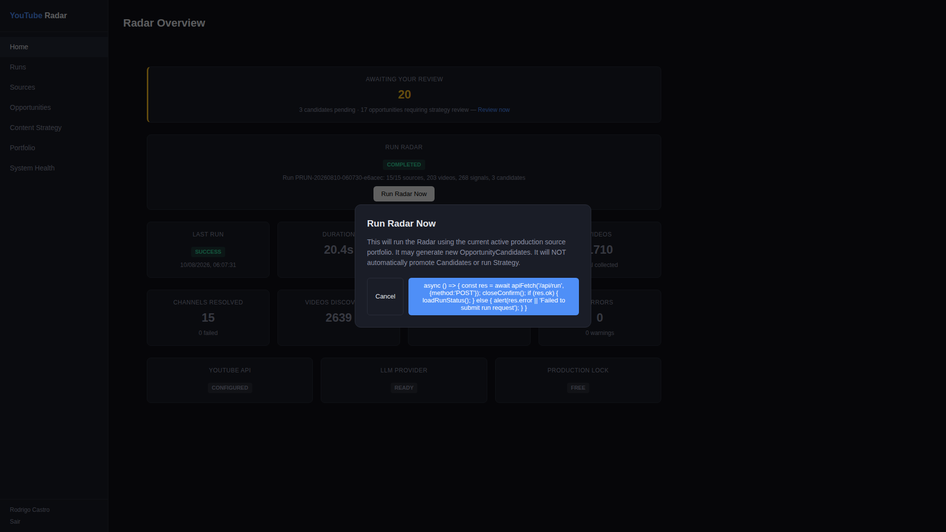 Run Radar confirmation modal